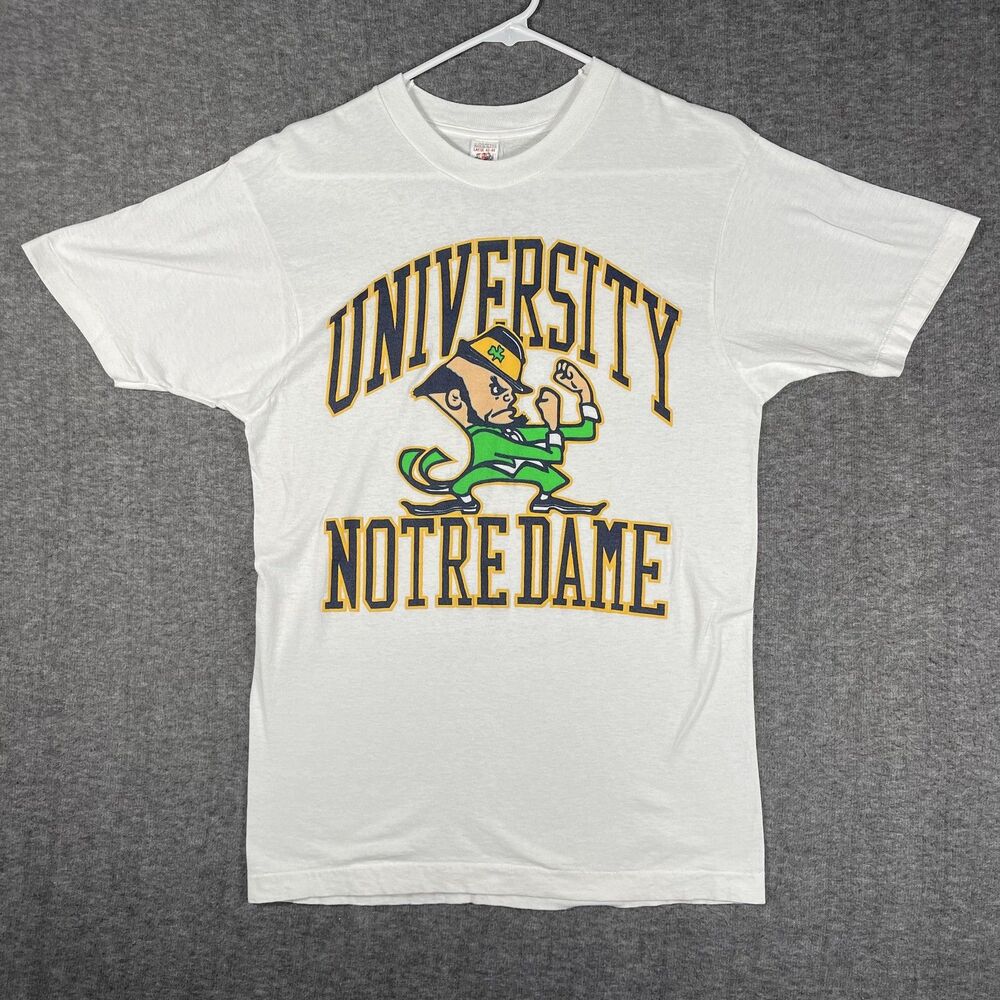 Vintage Notre Dame Fighting Irish Shirt Mens Large White NCAA Fruit Of The Loom